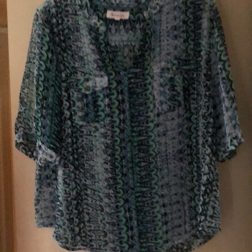 Two by Vince Camuto Green and Blue Semi-sheer Blouse with Mandarin Collar